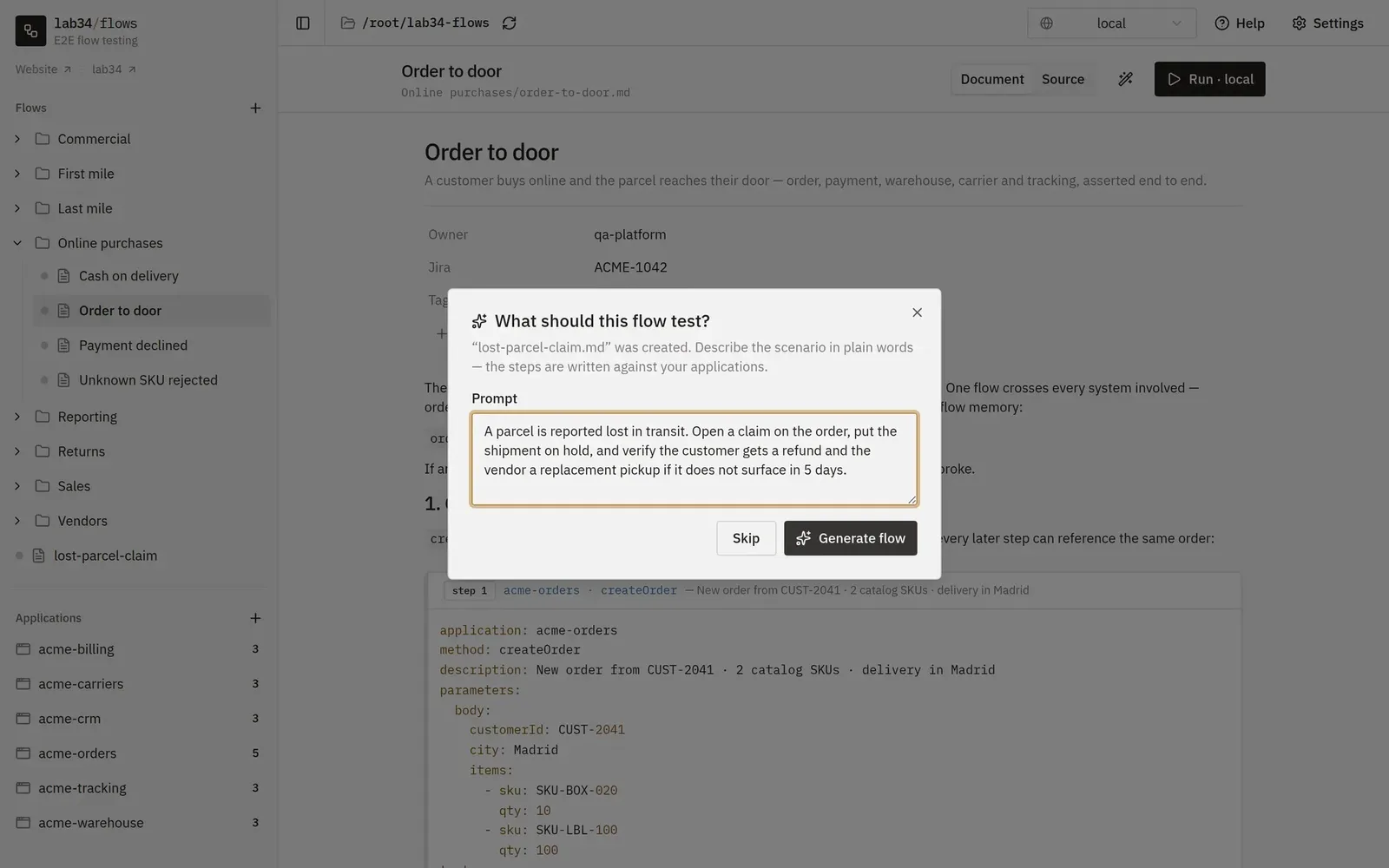 The AI flow generator: describe a scenario in plain words and get a flow built against your applications