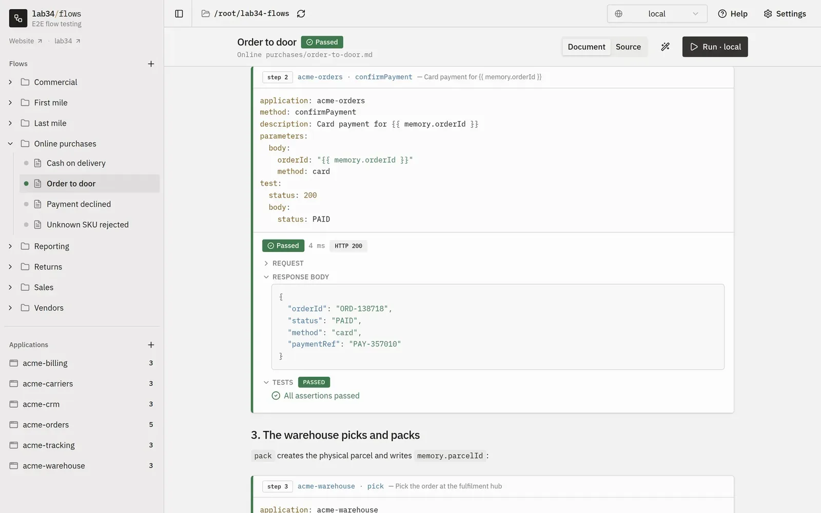 A flow running in the app, with request, response body and assertion results under the step