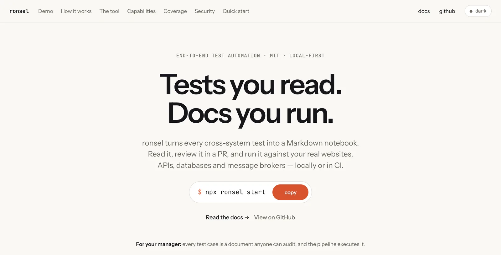 The ronsel landing page: "Tests you read. Docs you run."